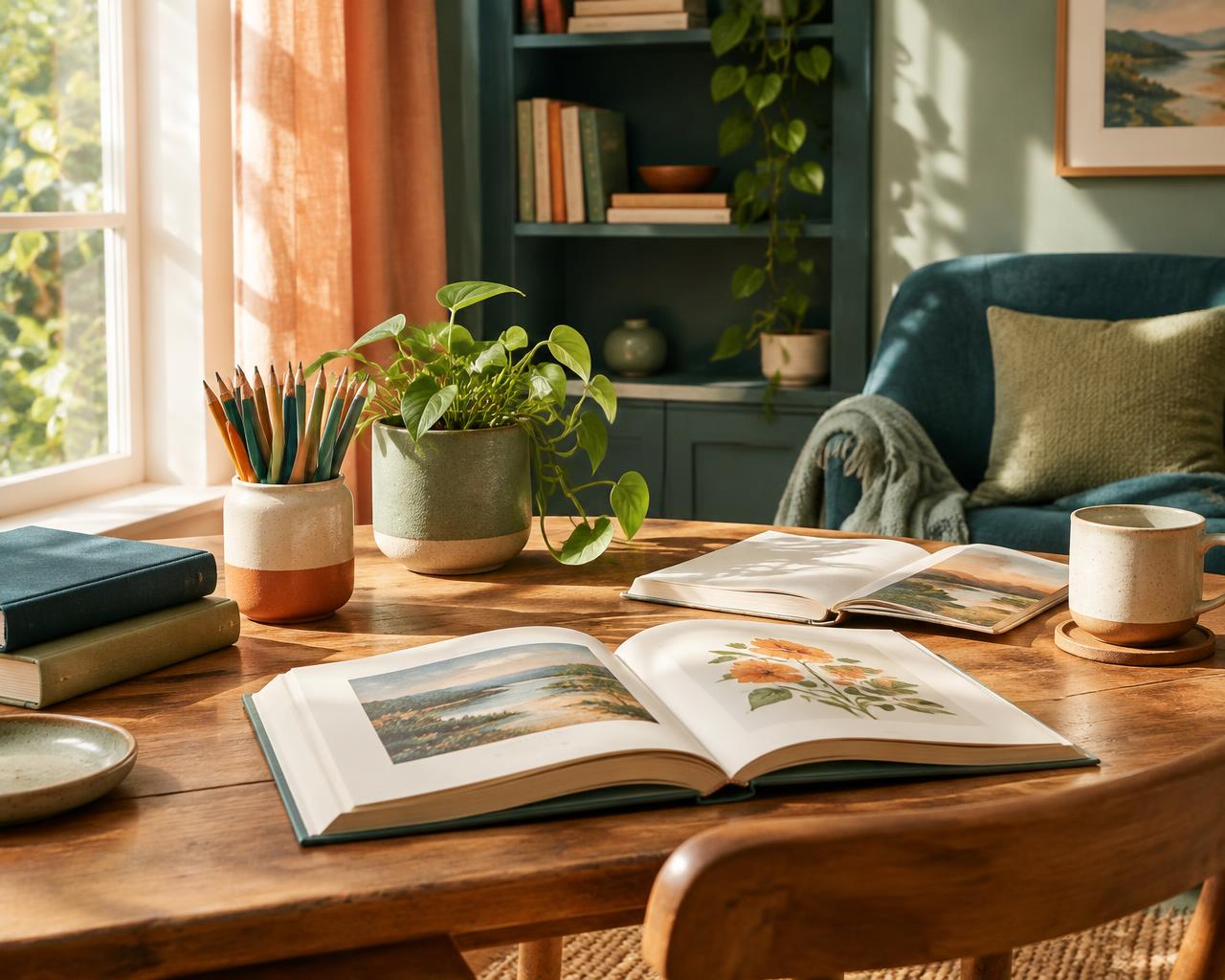 A sunlit reading table with open books, colored pencils, and a small plant